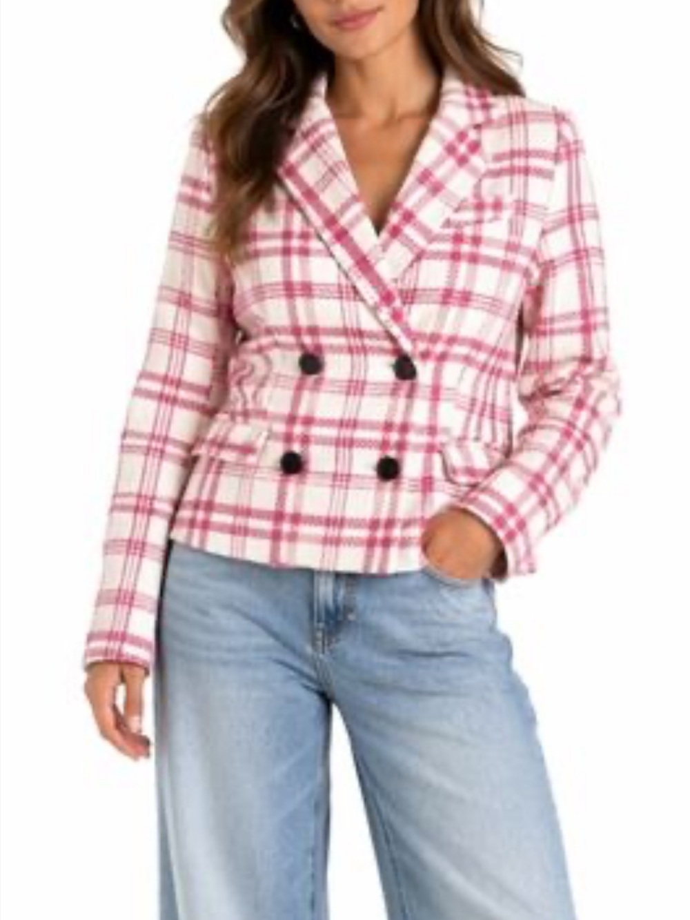 Rachel Zoe Pink & White Plaid Double Breasted Tweed Blazer Jacket Size L